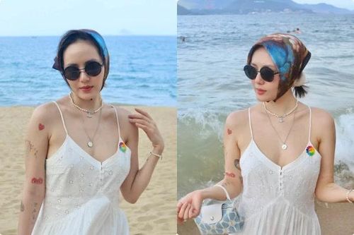 Phương Linh khoe thềm ngực gợi cảm trên bãi biển Nha Trang