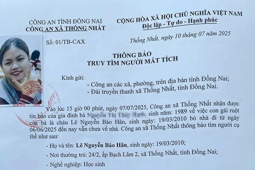 Công an xã Thống Nhất thông báo tìm người mất tích