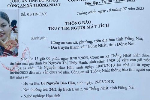 Đồng Nai: Thiếu nữ 15 tuổi mất tích bí ẩn