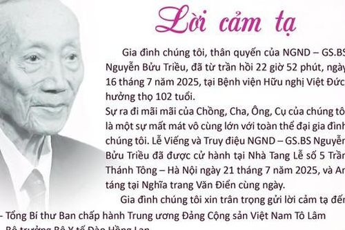 Lời cảm tạ của gia đình GS.BS Nguyễn Bửu Triều