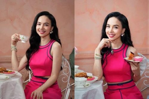 Vợ đạo diễn trăm tỷ mặc trang phục màu nổi bật đi trà chiều