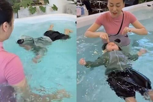 Phương Oanh khoe con trai hơn 1 tuổi đã bơi được nửa bể, quý tử của Shark Bình khiến mọi người 'thót tim'
