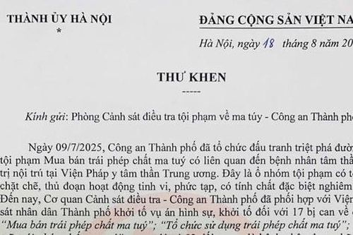 Bí thư Thành ủy Bùi Thị Minh Hoài gửi Thư khen Phòng Cảnh sát điều tra tội phạm về ma túy, Công an thành phố Hà Nội