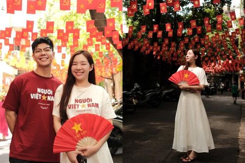 'Gia đình truyền hình' gây sốt với bộ ảnh check-in Hà Nội rực rỡ cờ hoa