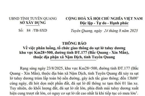 Thông báo phân luồng, tổ chức giao thông do sạt lở taluy dương khu vực Km28+500, đường tỉnh ĐT.177 (Bắc Quang - Xín Mần), thuộc địa phận xã Nậm Dịch, tỉnh Tuyên Quang