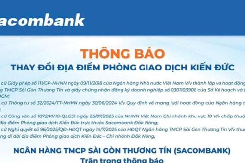 Sacombank thông báo thay đổi địa điểm Phòng giao dịch Kiến Đức