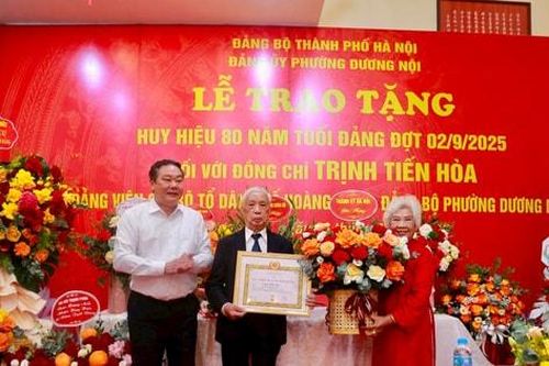 Phó Chủ tịch Thường trực UBND thành phố Lê Hồng Sơn trao Huy hiệu Đảng tại phường Dương Nội