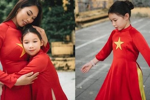 Con gái lai Tây của Hà Anh diện áo dài cờ đỏ sao vàng