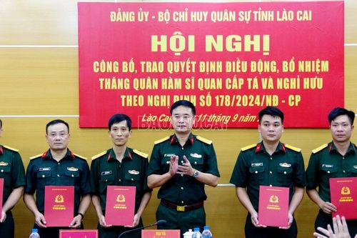 Bộ CHQS tỉnh Lào Cai công bố, trao quyết định điều động, bổ nhiệm, thăng quân hàm sĩ quan cấp tá và nghỉ hưu theo Nghị định số 178/2024/NĐ-CP