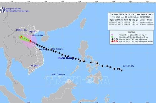 Bão số 10 trên đất liền biên giới Nghệ An - Trung Lào, khả năng suy yếu vào tối 29/9