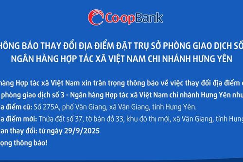 Co-opBank thông báo thay đổi địa điểm đặt trụ sở của phòng giao dịch
