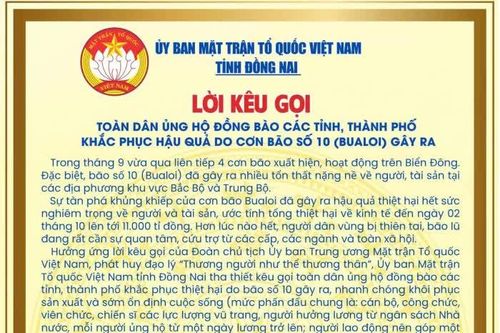 Ủy ban MTTQ Việt Nam tỉnh Đồng Nai kêu gọi ủng hộ đồng bào bị thiệt hại do cơn bão số 10 gây ra