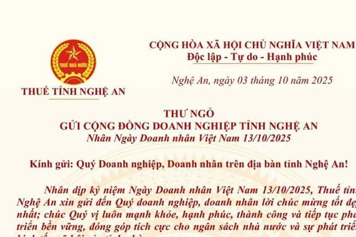 Trưởng Thuế tỉnh Nghệ An gửi Thư chúc mừng đến cộng đồng doanh nghiệp nhân ngày Doanh nhân Việt Nam