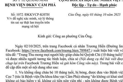 BVĐK khu vực Cẩm Phả nói gì về thông tin 'từ chối tiếp nhận bệnh nhi vì không có giấy tờ và tiền viện phí'?