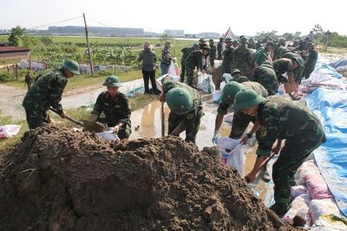 Hơn 200 cán bộ, chiến sĩ Trung đoàn 833, Bộ Chỉ huy Quân sự tỉnh chống tràn đê xã Tam Giang