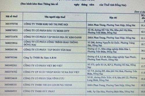 Đồng Nai công khai danh sách doanh nghiệp nợ thuế