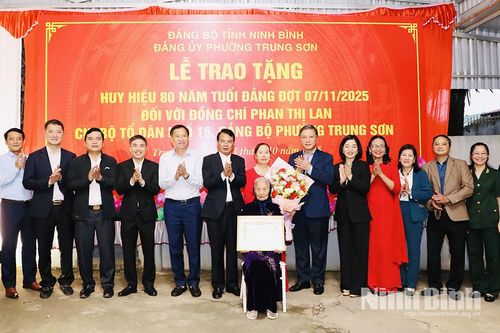 Đồng chí Bí thư Tỉnh ủy Đặng Xuân Phong trao tặng Huy hiệu 80 năm tuổi Đảng cho đảng viên