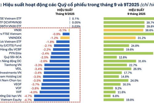 63 quỹ cổ phiếu báo hiệu suất âm trong tháng 9, nhiều quỹ kém do năm giữ FPT, MWG
