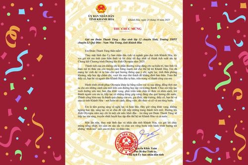 Chủ tịch UBND tỉnh Khánh Hòa gửi thư chúc mừng Á quân Đường lên đỉnh Olympia 2025 Đoàn Thanh Tùng
