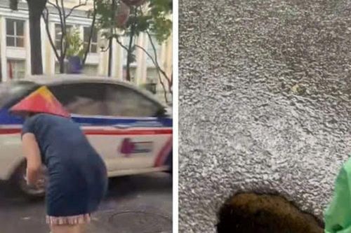 Hố sụt sâu gần 1m giữa lòng đường Hà Nội