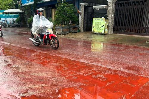 Chất lỏng màu đỏ như máu phủ kín mặt đường, người dân hoang mang