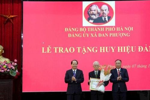 Trưởng ban Tuyên giáo và Dân vận Thành ủy Hà Nội Nguyễn Doãn Toản trao tặng Huy hiệu Đảng tại xã Đan Phượng