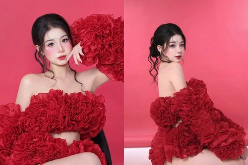 Hot girl Trà Hạ Ly 'đốt mắt' người nhìn với váy đỏ rực rỡ tựa cánh hồng nhung