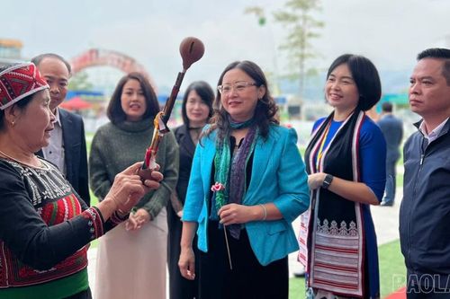 Phó Bí thư Tỉnh ủy Giàng Thị Dung tham quan các khu trưng bày tại Festival sông Hồng - Lào Cai 2025