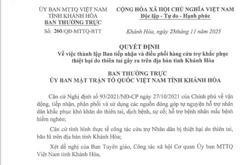 Thành lập Ban tiếp nhận và điều phối hàng cứu trợ khắc phục thiệt hại do thiên tai trên địa bàn tỉnh Khánh Hòa