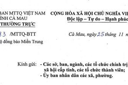Ban Thường trực Ủy ban MTTQ Việt Nam tỉnh Cà Mau phát động vận động ủng hộ, hỗ trợ đồng bào miền Trung bị thiệt hại do thiên tai gây ra