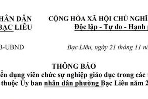 Thông báo về việc tuyển dụng viên chức sự nghiệp giáo dục trong các trường học trực thuộc Ủy ban nhân dân phường Bạc Liêu năm 2025