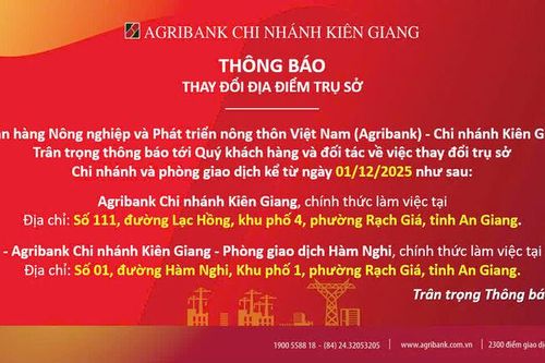 Ngân hàng Nông nghiệp và Phát triển nông thôn Việt Nam (Agribank) - Chi nhánh Kiên Giang thông báo