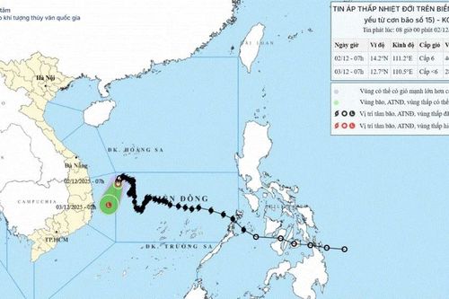 Áp thấp nhiệt đới đang suy yếu thành vùng áp thấp trên khu vực biển Đắk Lắk-Khánh Hòa