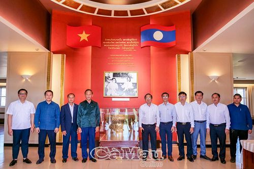 Đoàn cán bộ Cà Mau viếng Khu lưu niệm Chủ tịch Hồ Chí Minh tại tỉnh Khăm Muồn
