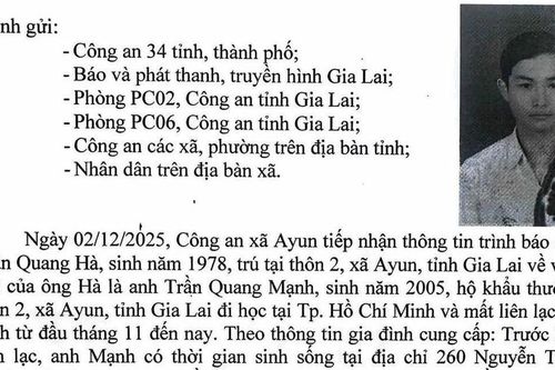 Tìm kiếm nam sinh viên Gia Lai mất tích gần 1 tháng