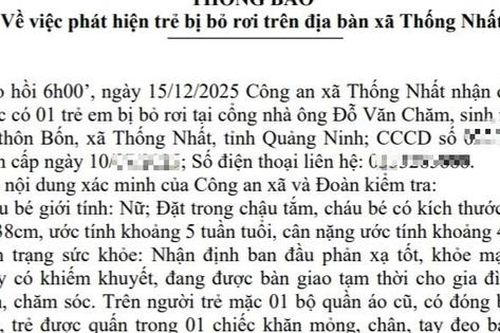 Bé gái sơ sinh đặt trong chậu tắm bị bỏ rơi trước cổng nhà dân