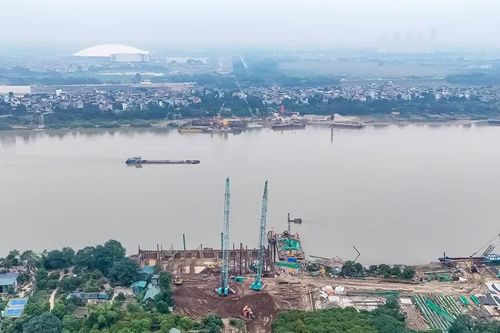 Đại công trường cầu Tứ Liên nhìn từ trên cao sau 7 tháng thi công