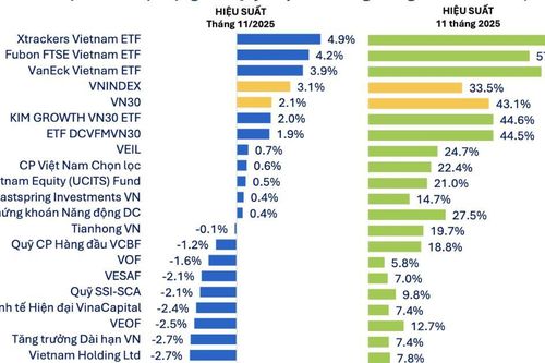 44 quỹ cổ phiếu báo hiệu suất âm trong tháng 11 dù VN-Index tăng mạnh