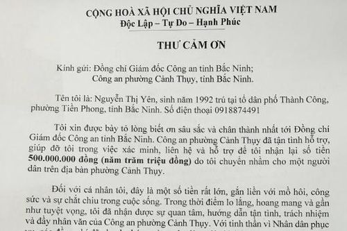 Công an phường Cảnh Thụy giúp người dân nhận lại 500 triệu đồng chuyển khoản nhầm