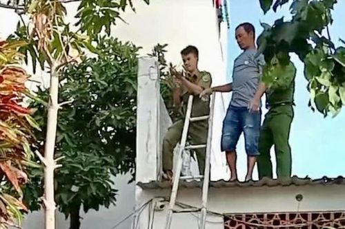 Một thuyền viên nghi ngáo đá leo lên mái nhà 3 tầng được đưa xuống an toàn