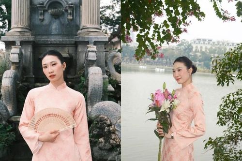 Hoa khôi bóng chuyền Nguyệt Anh diện áo dài rất xinh đẹp chào đón năm mới
