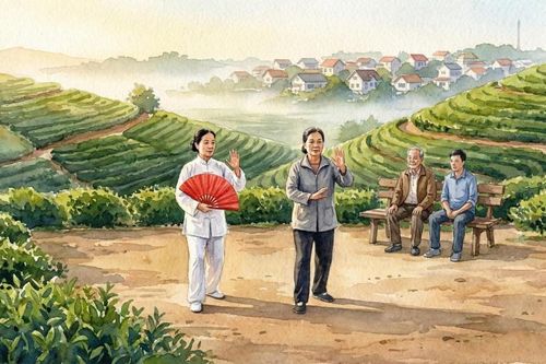 Đồi chè trong sương sớm