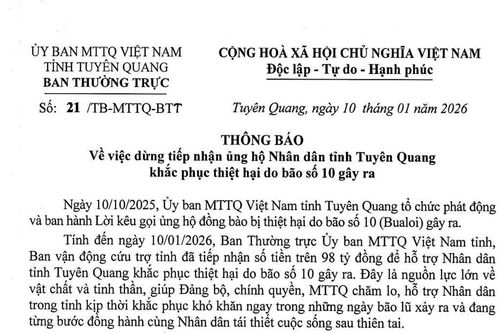 Thông báo về việc dừng tiếp nhận ủng hộ Nhân dân tỉnh Tuyên Quang khắc phục thiệt hại do bão số 10 gây ra