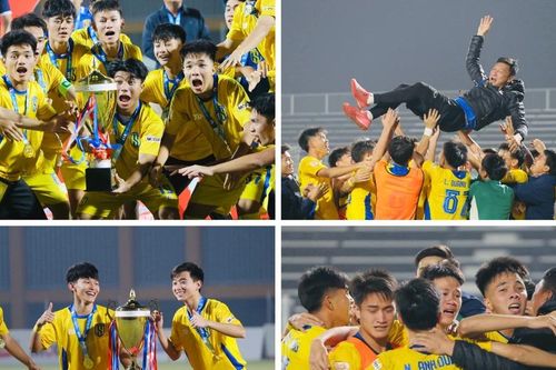 Cầu thủ SLNA phấn khích ăn mừng chức vô địch U19 quốc gia