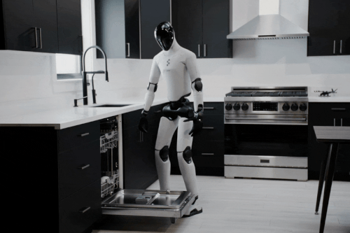 Robot hình người tự mở tủ, rửa chén