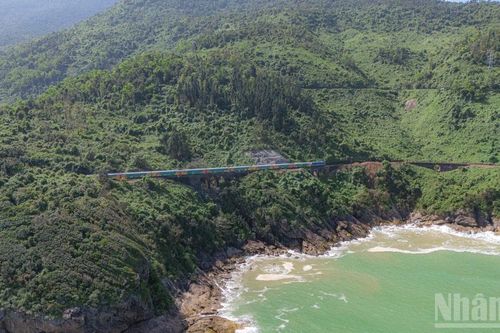 Khoảnh khắc 'chuyến tàu hạnh phúc' rạng rỡ sắc xuân qua đèo Hải Vân hùng vĩ