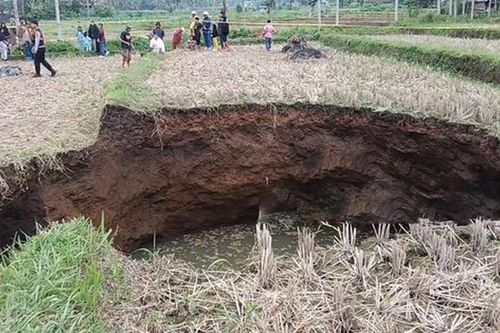 Ruộng lúa bất ngờ xuất hiện hố sụt sâu 5,7 mét, dân đổ xô đến xem