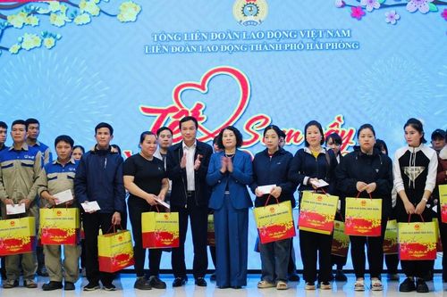Phó Chủ nhiệm Ủy ban Văn hóa và Xã hội Triệu Thế Hùng trao quà Tết cho công nhân tại Hải Phòng