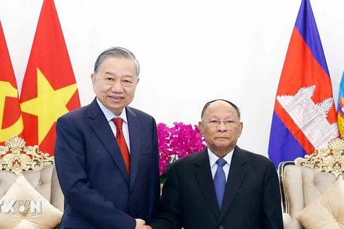 Tổng Bí thư Tô Lâm hội kiến Chủ tịch danh dự Đảng Nhân dân Campuchia Heng Samrin