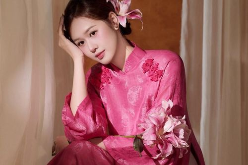 Bà xã Anh Đức nổi bật với áo dài truyền thống sắc hồng